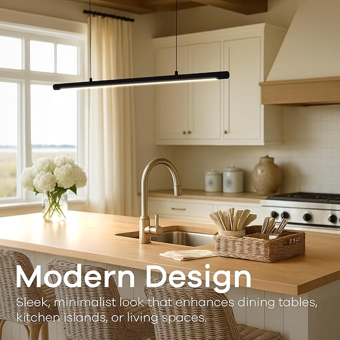 LED Linear Pendant Light, Office Light, Flicker-Free, Dimmable, Modern Ceiling Lighting for Bedroom Dining Room Table, 20W 3000K Warm Light 47.2" Black