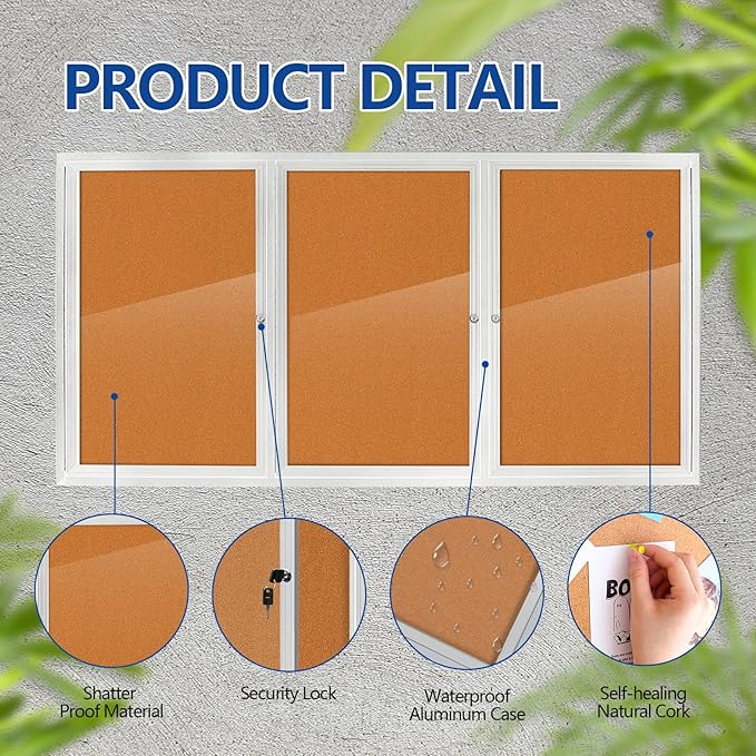 Enclosed Outdoor Bulletin Board Weatherproof 3 Doors Noticeboard with Locking Door, 70x36 Inch Wall-Mounted Message Board for Announcements & Notices
