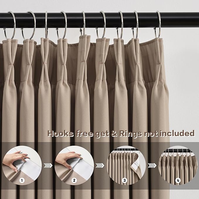 KEQIAOSUOCAI 60 Wide Pinch Pleated Window Curtain Panels 95 Inches Long Custom Made Pleated Curtains Hooks Track Privacy Memory Shape Drape for Living Room,Khaki, Set of 2=120 Inch Wide