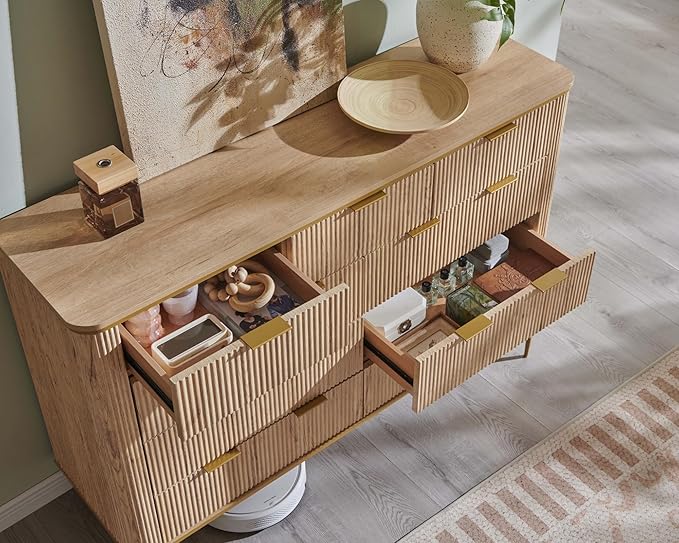 T4TREAM Fluted 9 Drawers Dresser, Modern Wooden Top Chest of Drawers with Curved Profile Design, Dresser TV Stand Drawer Organizers for Bedroom, Living Room, Hallway(Natural Oak)