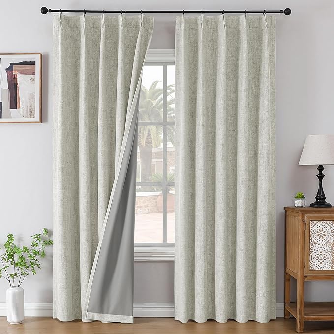 Joydeco Pinch Pleated Curtains - 100% Blackout for Bedroom, Light Beige Linen Curtains 40" W x 84" L, Thermal Insulated 2 Panels Light Blocking Drapes, Back Tabs for Living Room