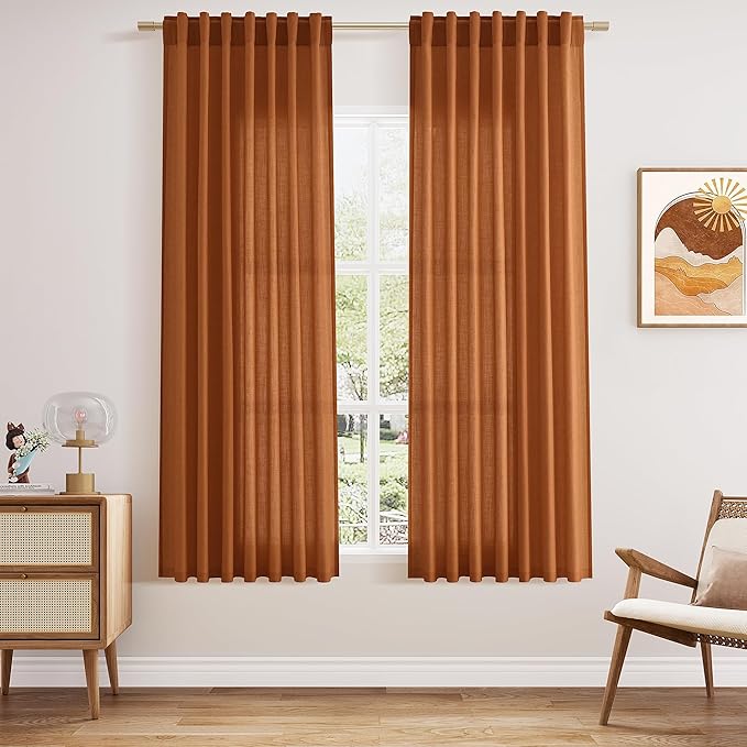 Nanspring Desert Orange Linen Curtains 63 Inches Long for Bedroom Back Translucent Modern Rustic Pinch Farmhouse Coastal Decor Cotton Texture Gauze for Bathroom 2 Panels, 52x63