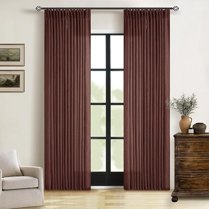 Dark Terracotta 80 Inch Pinch Pleated Linen Curtains 2 Panel Set for Living Room Thick Linen Drapes 80 Inches Long Pinch Pleat Drapes Semi Sheer Curtain for Dining Bedroom Office Maroon Red Brown