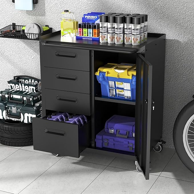 Metal Garage Storage Cabinet on Wheels, Lockable Rolling Tool Cabinet with Drawer and Shelves, Heavy Duty Mobile Steel Cabinet for Garage Warehouse Workshop