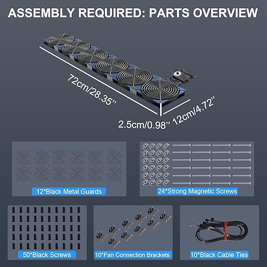 120mmx6 720mm Adjustable Computer PC Box Vent Fans 3V-12V Speed Controller for Flexible Arrange Cabinet Rack Space Window Wall Server Mining Rig Chicken Coop Exhaust Cooling