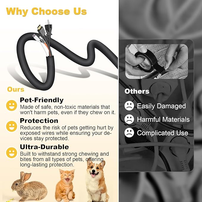 Cord Protectors from Pets no Chew, 10ft Cord Covers for Pets, 1Inch Wire Covers for Cords, Cable Management for USB, Power, Audio and Video Cords
