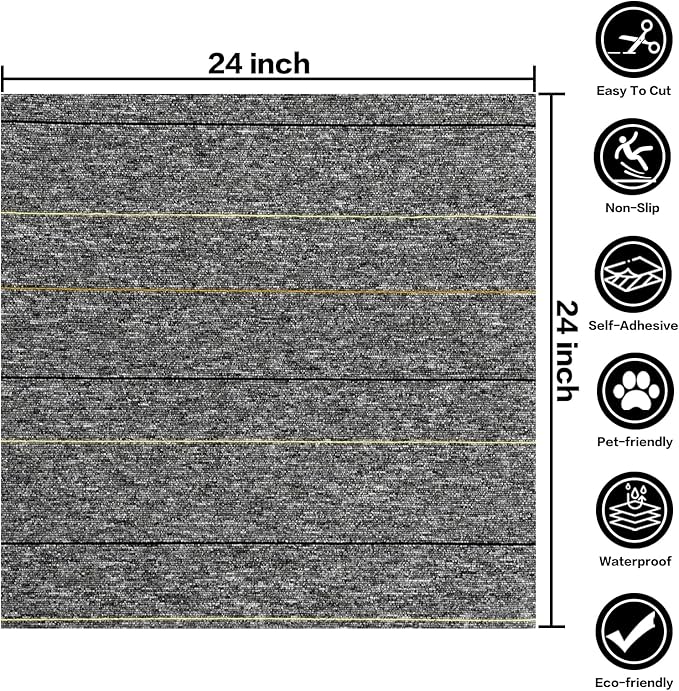 24 * 24in Self-Adhesive Carpet Tiles, Peel and Stick Floor Squares for Home Office, Removable Decorative Rug Mat, Easy Install, Sound Absorbing (10Pcs Light Grey)