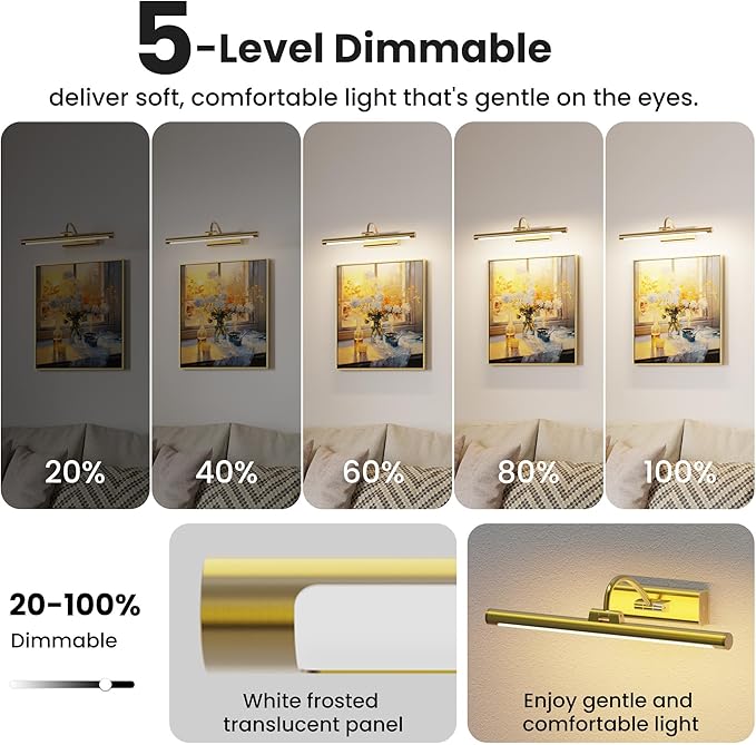2 Pack 16" Brass Picture Art Lights - 6000mAh Rechargeable Battery Powered Wireless Lighting for Home Gallery, Office, Living & Bedroom