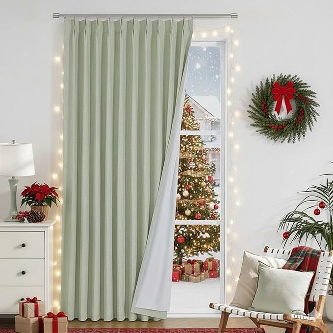 Vision Home Soft Green Pinch Pleated Full Blackout Curtains Linen Blended Room Darkening Window Panels 108 inch for Living Room Bedroom Thermal Insulated Pinch Pleat Drapes with Hooks 60" Wx108 Lx1