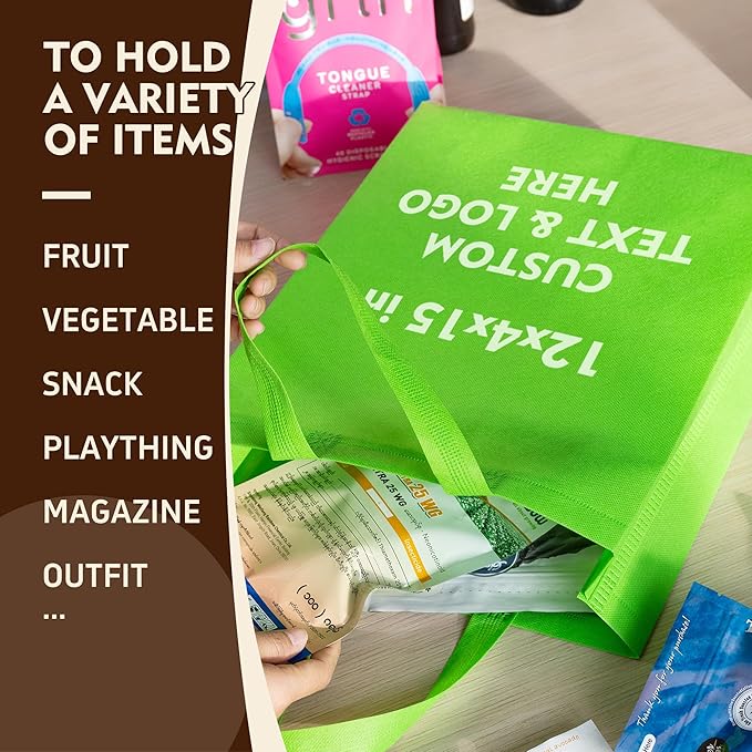 Custom Tote Bags 100pcs, Yellow Non-woven Tote with Logo, Reusable Bag with Durable Handle, Ideal for Grocery Shopping, Gifts Wrapping & Travel