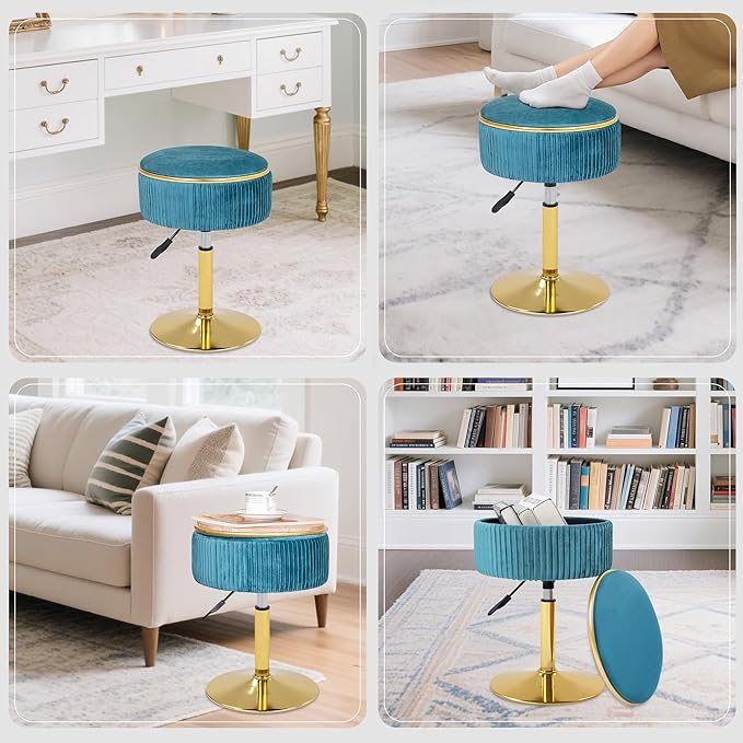 Adjustable Vanity Stool with Storage, 360° Swivel Makeup Stool Chair Small Velvet Round Ottoman with Gold Base for Bedroom (Blue)