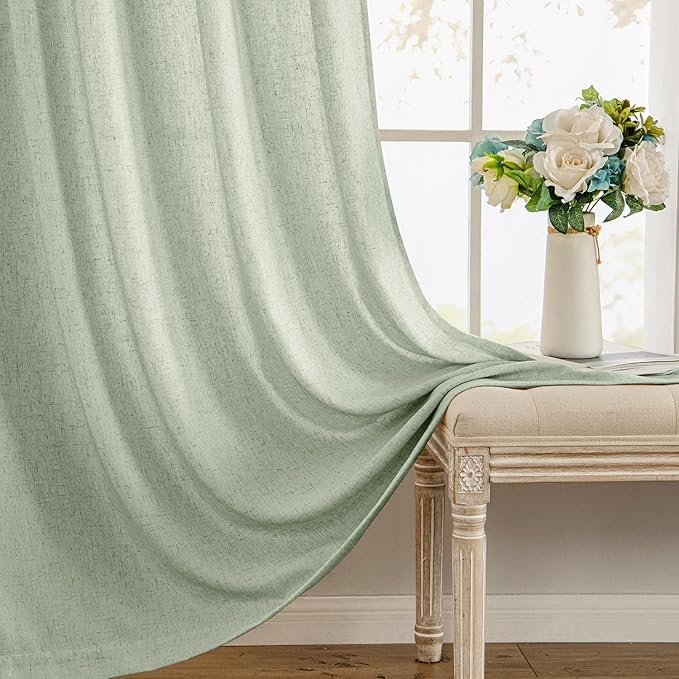 MIULEE Non-See-Through Privacy Linen Curtains 2 Panels, Light Filtering Window Curtains Farnhouse Textured Back Tab Semi Sheer Drapes for Bedroom Living Room, 52 x 108 Inches Long, Sage Green