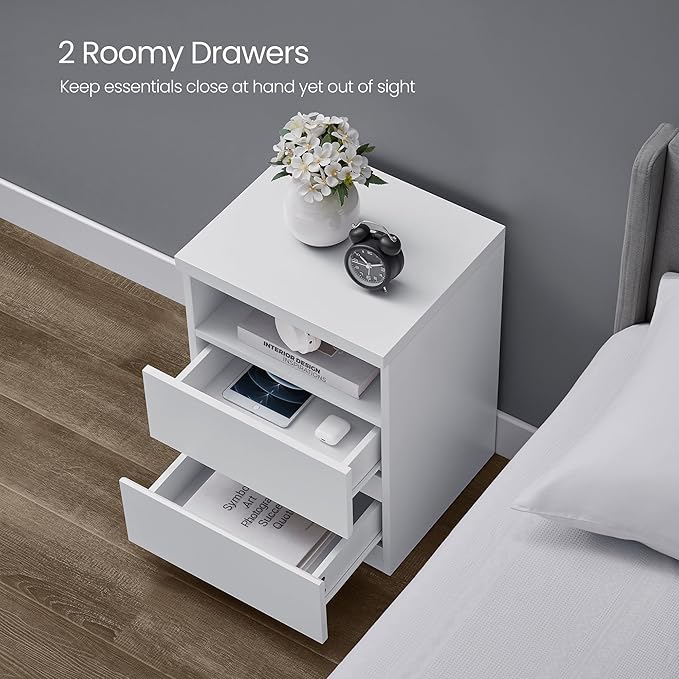 VASAGLE Set of 2 Nightstands with Adjustable LED Lights, Bedside Tables with Drawers, Side Tables, for Bedroom, Modern Minimalist Style, White ULET934T14
