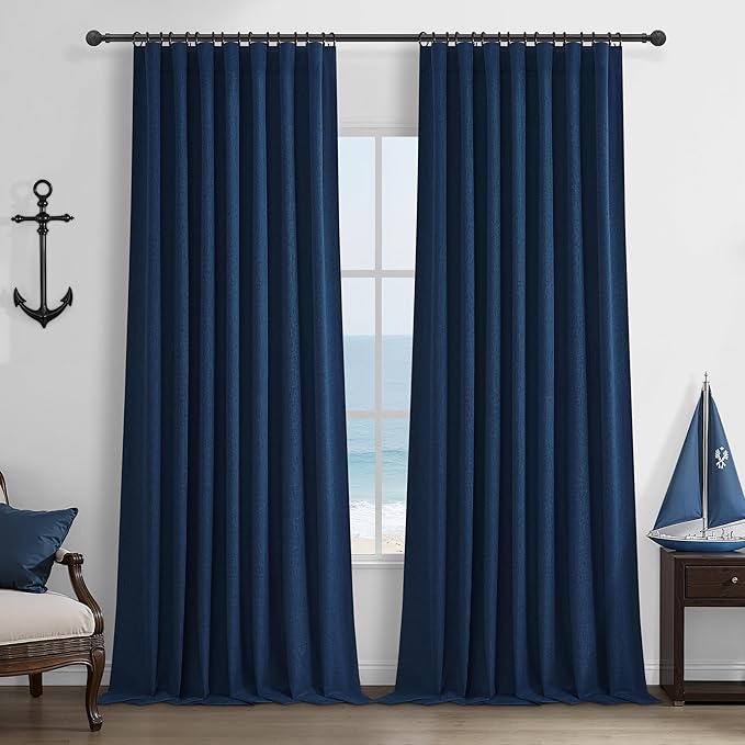 Navy Blue Blackout Curtains 96 Inch Length for Kids/Boys Rooms/Bedroom, Floor to Ceiling Track Pleated Drapes with Hooks Linen Thermal Coastal Curtain Dark Blue Window Burg 50"Wx96"Lx 2Panels Back Tab