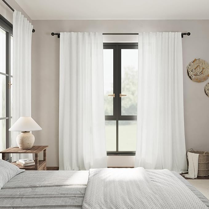 Nanspring Ivory Linen Blend Light Filtering Curtains 86 Inch Length 2 Panel Set Pocket Back Tab Privacy Semi Sheer Decorative Decor Curtain Drapes for Bedroom Living Room 52x86 Inches Long