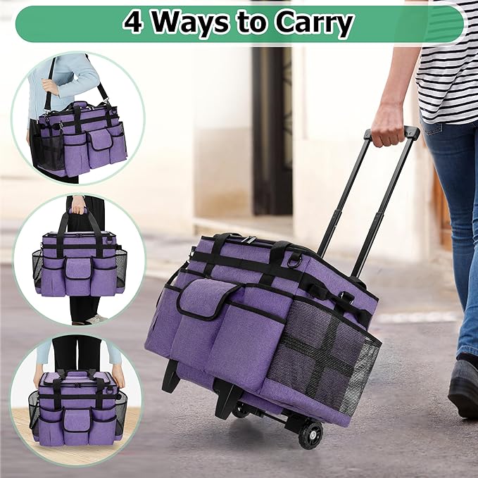 LoDrid Rolling Cleaning Caddy with Lid, Cleaning Supplies Organizer with Detachable Trolley, Cleaning Caddy Cart on Wheels with Handle and Shoulder Strap for Housekeepers, Purple, Bag Only