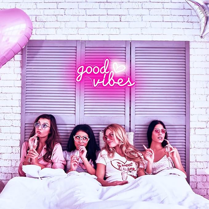 Good Vibes Neon Sign for Wall Decor Neon Lights Sign, 16"x8" Heart and Good Vibes LED Signs for Bedroom Wall, USB Operated Pink Goodvibes LED Neon Lights Signs for Game Room Christmas Decor