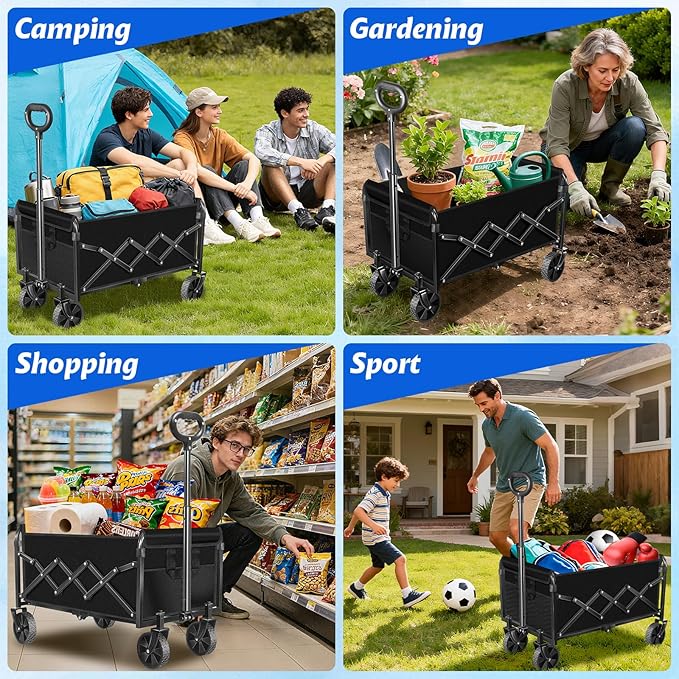 Collapsible Wagons Carts Foldable, 360lbs Portable Folding Wagon Cart with Wheels, Foldable Wagon Cart Utility for Camping, Beach, Grocery, Shopping, Sports, Garden(Deep Black)