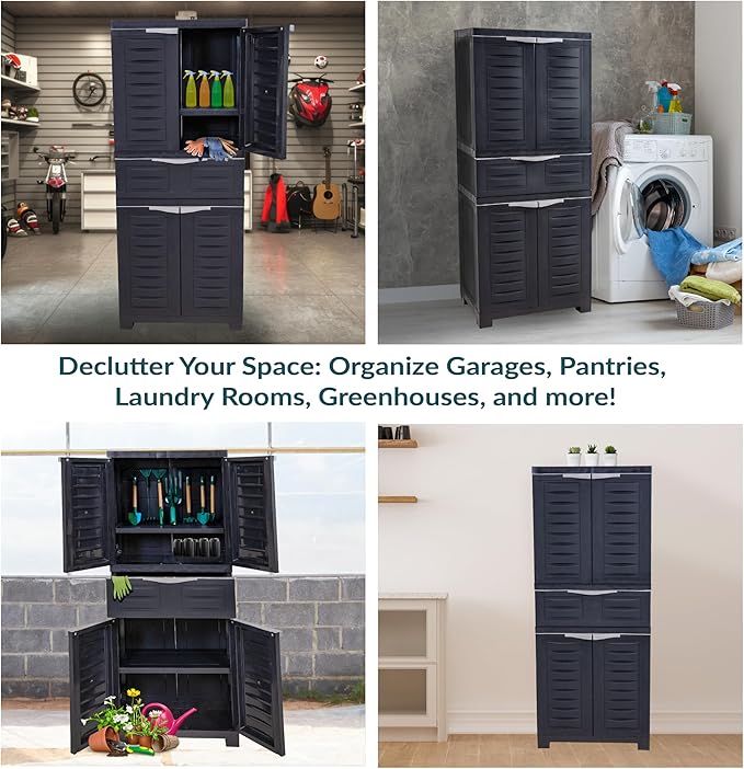 Sunnydaze Plastic Garage Storage Cabinet with 2 Adjustable Shelves - 57" H - Garage, Office, Home, Laundry Room - Charcoal
