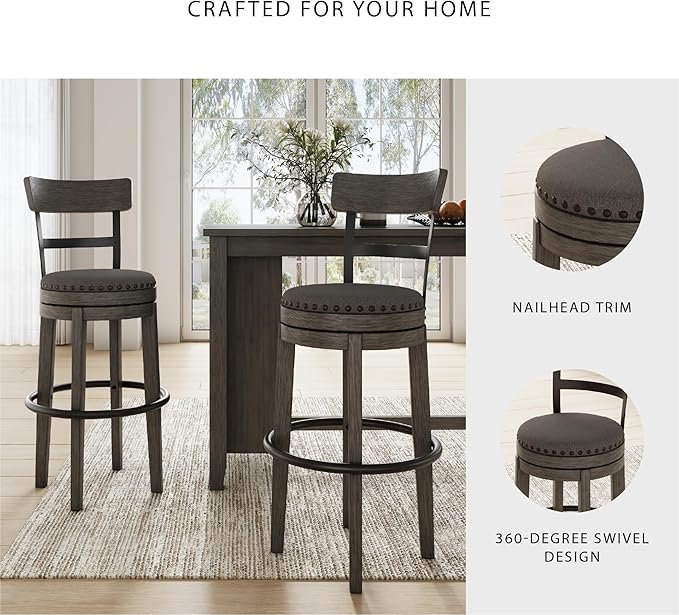Signature Design by Ashley Caitbrook Casual Farmhouse Tall Upholstered Swivel Barstool, Nailhead Trim, Solid Wood, 30" H, Gray