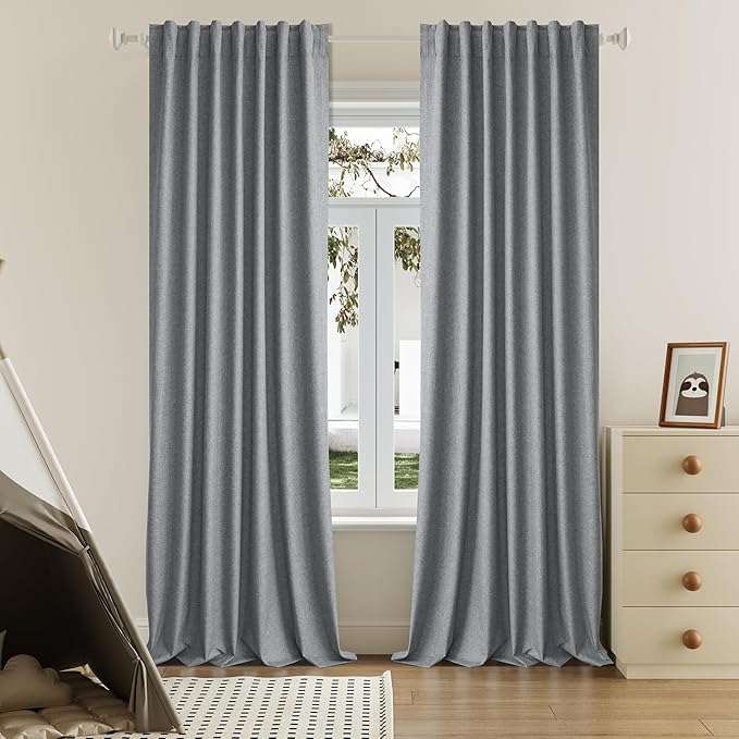 DUALIFE Grey Blackout Curtains 102 Inch Length 2 Panels Set for Living Room Bedroom Rod&Back Tab Thermal Insulated 100% Black Out Linen Drapes Room Darkening Window Curtains 72" x 102"
