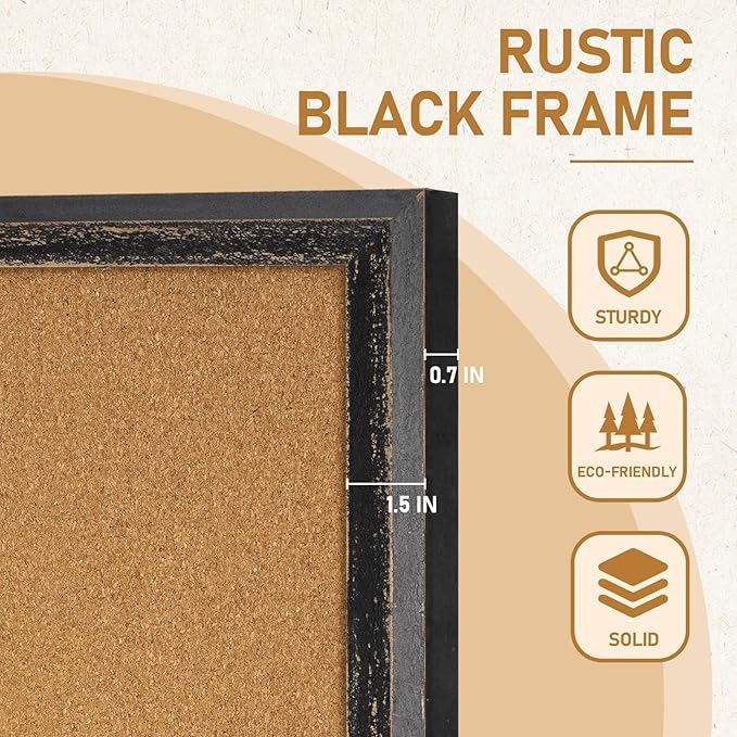 DOLLAR BOSS Cork Board for Office 24 X 18 Inches Cork Boards for Walls Bulletin Board, Decorative Hanging Pin Board Rustic Wooden Frame Vision Board Cork Notice Board for Office Home Decor, Black