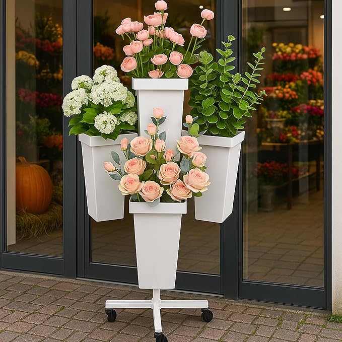 DYALE Flower Display Stand with Buckets - Flower Cart with Wheels for Bouquet Shop, Metal Flower Rack Display Stand for Wedding Garden, Party, Events (White, Square buckets)