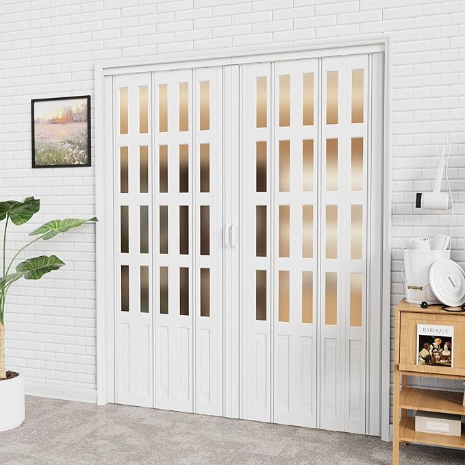 97-120 x 80in (Double 49-60) Accordion Doors Interior Folding Door, 4 Frosted Acrylic Glass White PVC Accordion Door with Upgraded Roller & Handle& Complete Hardware for Closet Bathroom Doorways