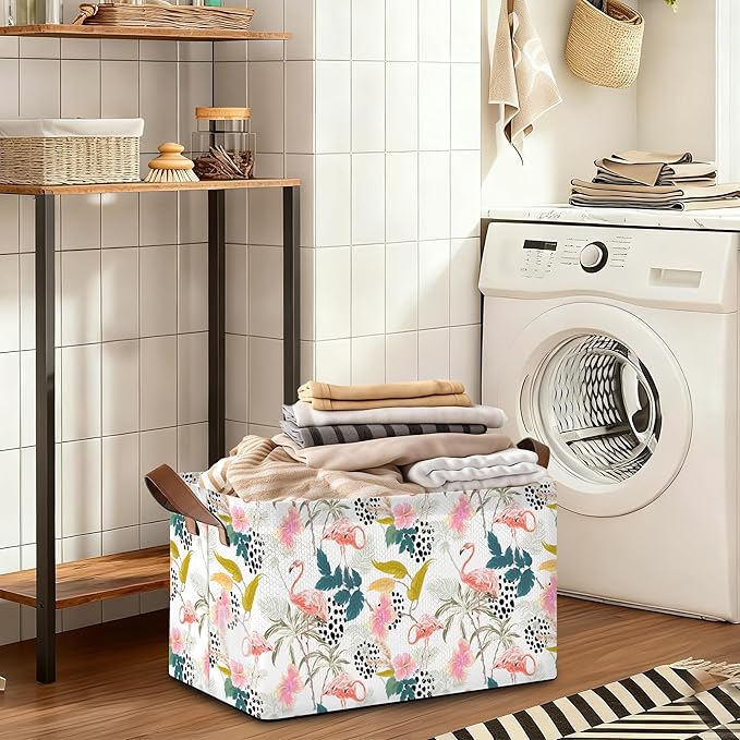 Storage Bin with Handles, Forest Pink Flamingo Collapsible Laundry Baskets for Books, Laundry - Use in Nursery, Closet Organizers and Storage, Blanket Basket