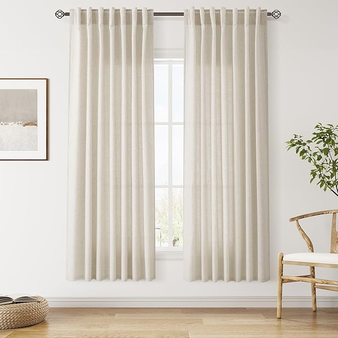Nanspring Vanilla 72 Inch Curtains for Living Room Linen Luxury Light Filtering Semi Sheer Curtain Back Tab Modern Farmhouse Decor Elegant Coastal Drapes for Bedroom Office 52x72, 2 Panels