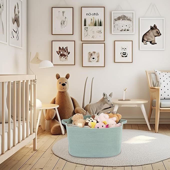 Large Rectangle Blankets Basket Living Room 22"x17"x12" Woven Cotton Rope Storage Baskets for Nursery Toy Baskets for Kids and Dogs Wicker Laundry Basket Bin for Clothes Towels green