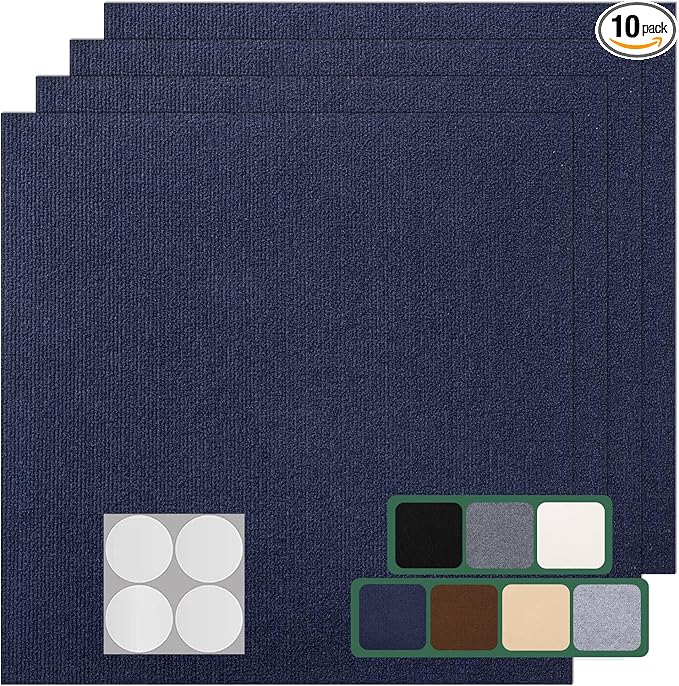 Carpet Tile 10 Pack 24” X 24” Self Adhesive Carpet Floor Tiles Anti-Slip Squares Peel and Stick Floor Tilel DIY Installation for Bedroom(Blue)