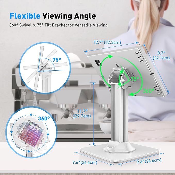 AboveTEK Anti-Theft iPad Kiosk Stand, POS iPad Security Stands, Aluminum Locking Tablet Stand with Heavy Duty Base, 360° Swivel & 75° Tilt, Retail Desk Mount for Business & Commercial Use (White)