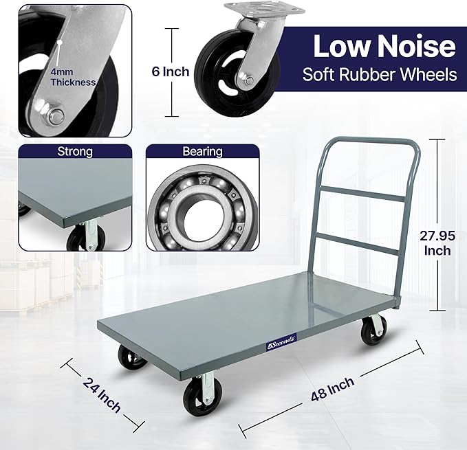 5Seconds Platform Cart Industrial Dolly Heavy Duty 48” X 24” Platform Hand Push Truck Commercial Cart Flatbed with 2000lb Capacity, Moving Cart 6” Swivel Wheels Flatbed cart