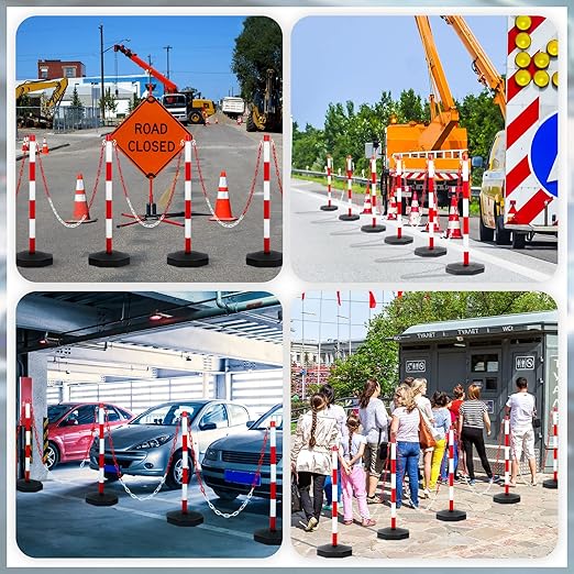 Amylove 9 Packs Traffic Delineator Post Cone with Base, Traffic Cones Safety Cones Caution Cones Plastic Stanchion Chain Safety Barriers with 6.6 Feet Link Chain and S Hooks for Parking Lot (Red)