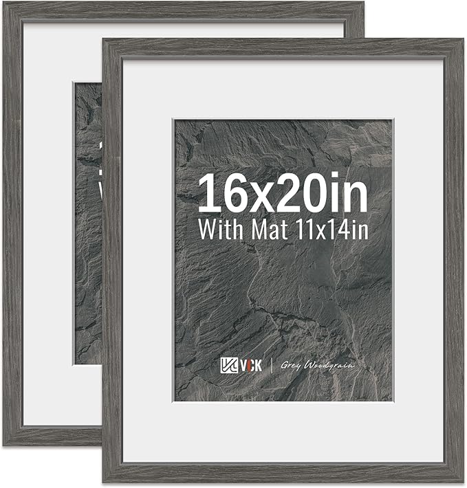 VCK 16x20 Picture Frame 2 Pack - Grey, High-End Wood Poster Frames with Tempered Glass, Display 11x14 Photo with Mat or 16x20 without Mat, Art Gallery-Quality, Wall Hanging, Grey
