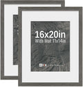 VCK 16x20 Picture Frame 2 Pack - Grey, High-End Wood Poster Frames with Tempered Glass, Display 11x14 Photo with Mat or 16x20 without Mat, Art Gallery-Quality, Wall Hanging, Grey