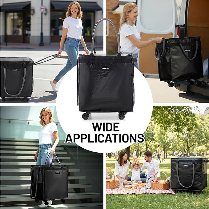 (Large) Fanwoli Reusable Grocery Bag On Wheels with Removable Liner | Wrinkle-Resistant Fabric | Enhanced Stability Wheels & Extended Handle | Foldable Shopping Trolley for Laundry, Carries Up to 130L