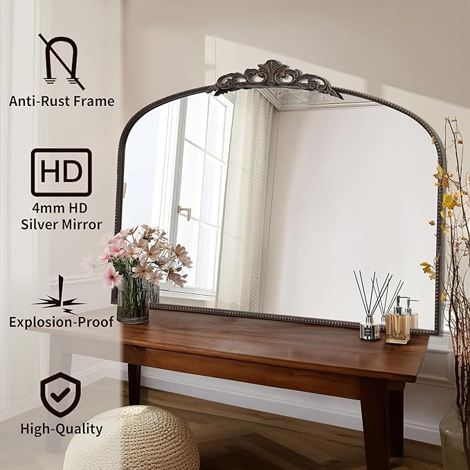 Micasso Large Bronze Vintage Mirror: 48"x 33" French Baroque Antique Mirror - Traditional Ornate Decorative Wall Mounted Arched Mirrors for Wall/Mantel/Entryway/Hallway - Home Decor for Living Room