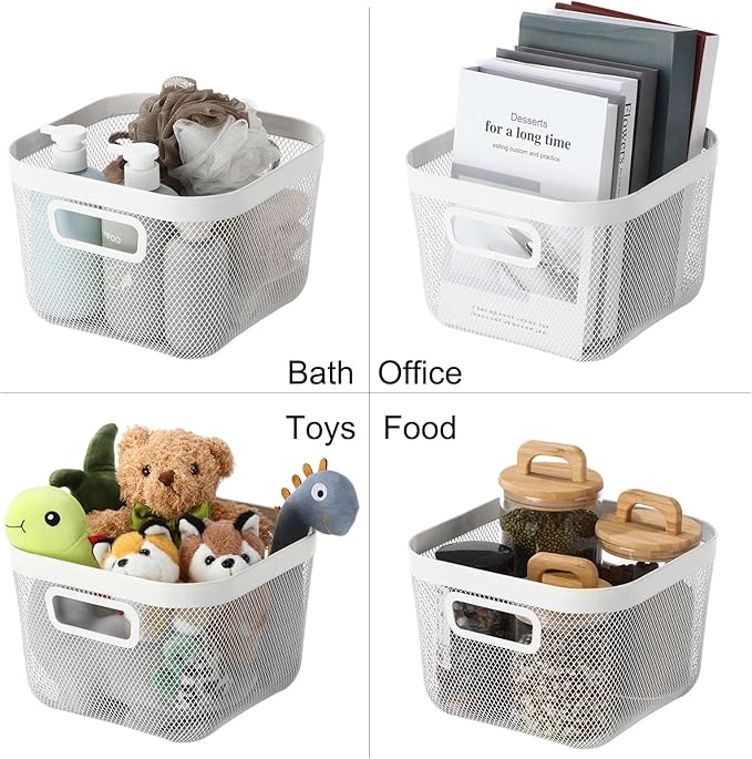 4 Pack Metal Mesh Basket with Hollow Handles White Wire Storage Bin for Organizing Stackable Metal Fine Mesh Basket for Pantry Bathroom Kitchen Cabinets Shelves (Medium)
