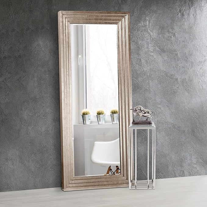 Howard Elliott Bright Silver Leaf Tall Delano Mirror, Large Self Standing Full Length Rectangular Mirror with Stepped Levels, 34 x 82 Inch