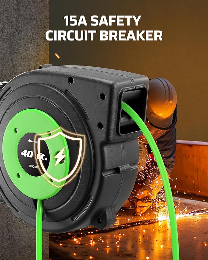 DEWENWILS Retractable Extension Cord Reel, 40 FT Heavy Duty Power Cord, 12/3C SJTOW Retractable Cord Reel, Lighted Triple Tap Outlets, 15A Circuit Breaker, Wall/Ceiling Mount, UL Listed, Green