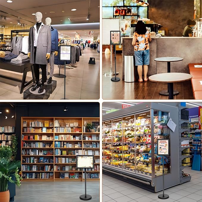6 Pack Adjustable Sign Stand Holder 8.5'' x 11" Heavy Duty Floor Standing Sign with Base and Snap open Frame Pedestal Stand for Indoor Outdoor Display Vertical Horizontal View (Round Corner)