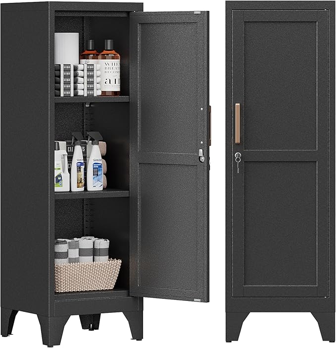 Bestoo Metal Locking Cabinet, 46" H Storage Locker with 1 Magnetic Door and 2 Adjustable Shelves, 3-Tier Black Storage Cabinet for Bathroom, Kitchen, Pantry, Home, Office, Garage