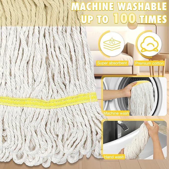 Commercial Industrial Mop Heavy Duty with 3 Replacement Head,Looped-End String Wet Mops with Long Handle for Floor Cleaning, Cotton Mop for Home Garage Office Workshop Warehouse Concrete Floor