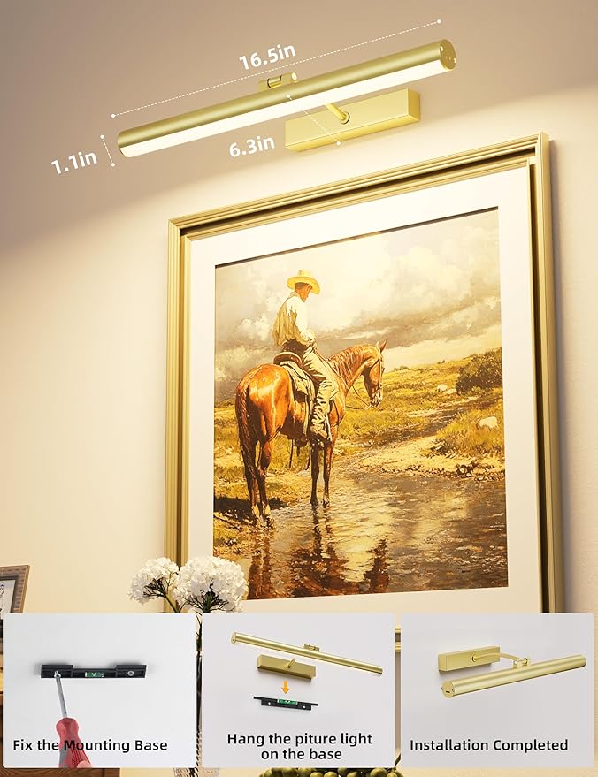 VOLISUN 16 inch Picture Lights for Wall, Rechargable Picture Light Battery Operated, 3 Color Temperatures Cordless Picture Light with Remote, Art Light for Paintings, Gallery, Portrait, 2 Pack (Gold)
