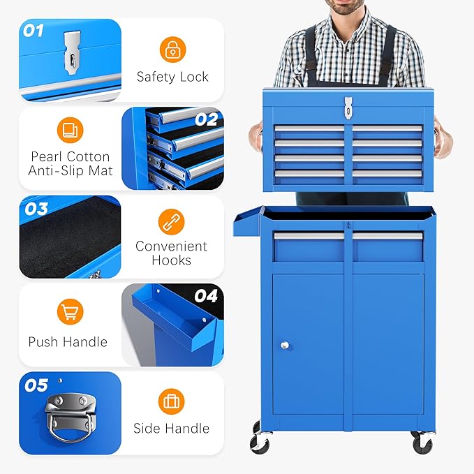 INTERGREAT Blue Tool Chest, 5-Drawer Rolling Tool Chest with Detachable Top Tool Box, Tool Chests with Universal Lockable Wheels, Metal Tool Cart for Garage, Workshop, Barbershop