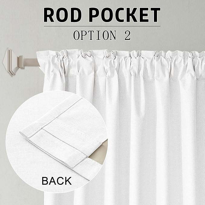DUALIFE 90 Inch Blackout Pure White Curtains Boho, Thermal Insulated Curtains for Summer Heat for Bedroom Living Room Linen Pleated Drapes 90 Inches Long Rod Pocket(50W x 90L x 2 Panels)