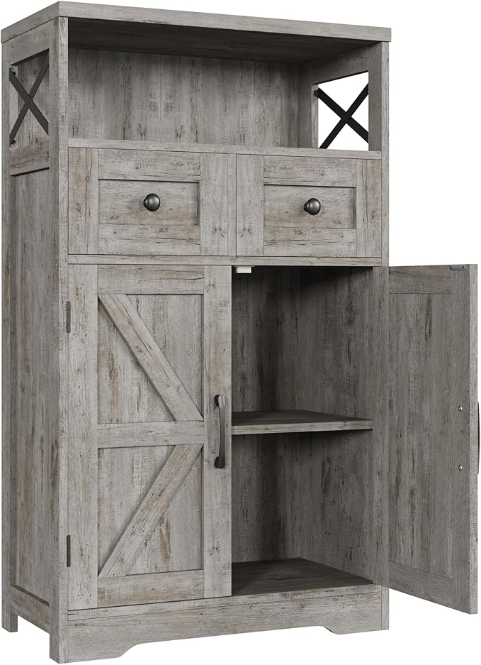 Small Farmhouse Storage Cabinet with Barn Doors, Farmhouse Kitchen Pantry Cabinet, Tall Coffee Bar with Storage, Hutch Cupboard for Kitchen, Laundry, Living Room, Washed Grey