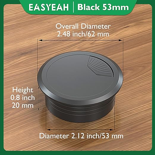 2 Pcs Desk Grommet 2-1/16" / 53 mm, Desk Cord Hole Cover, Cable Grommet ABS Plastic, Desk Hole Grommet for Home & Office Pc, Detachable Adjustable Cable Cord Organizer-Black